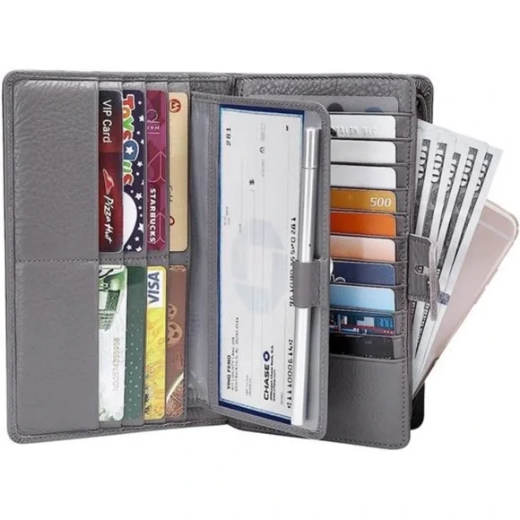 Womens Wallet, Large Capacity Genuine Leather Grey